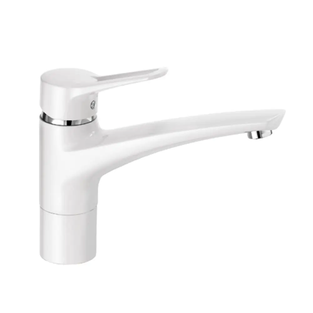 Kludi Wasserhahn in Weiß mit verchromtem Hebel und Auslauf, geeignet für Spülen. Schlichtes Design ohne sichtbare Fabrikate oder Maßen.